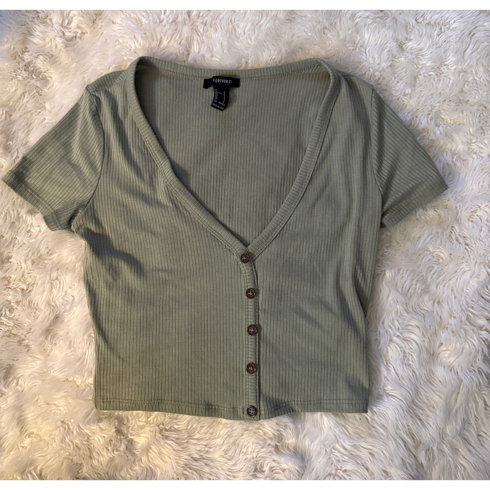 Forever 21 Ribbed Cardigan Women Small Sage Green Short Sleeve V-Neck
